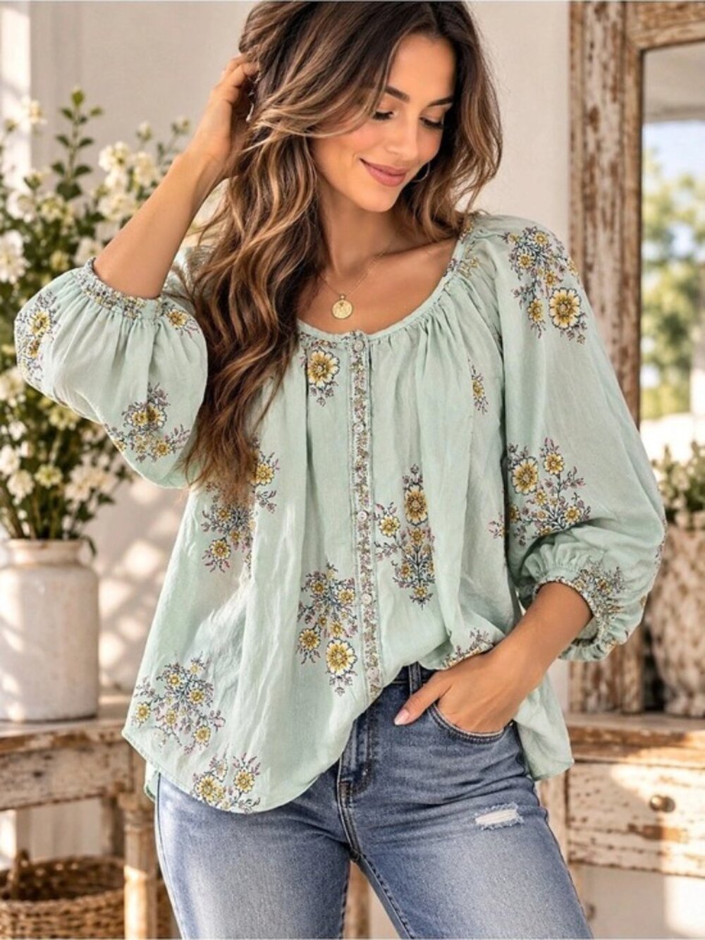 LC Lauren Conrad Mint Floral Blouse L Cottagecore Boho Prairie Balloon Sleeve